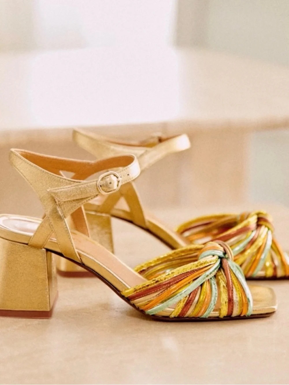 Sézane Metallic Gold Multi-Color Strappy Knot Block Heel Sandals